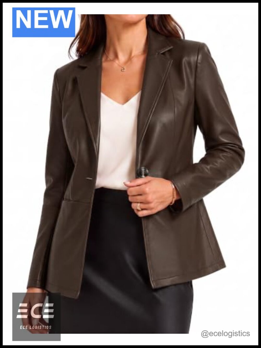 Women Faux Leather Blazer 3/4 Sleeve Lightly Fitted Suit Jacket
